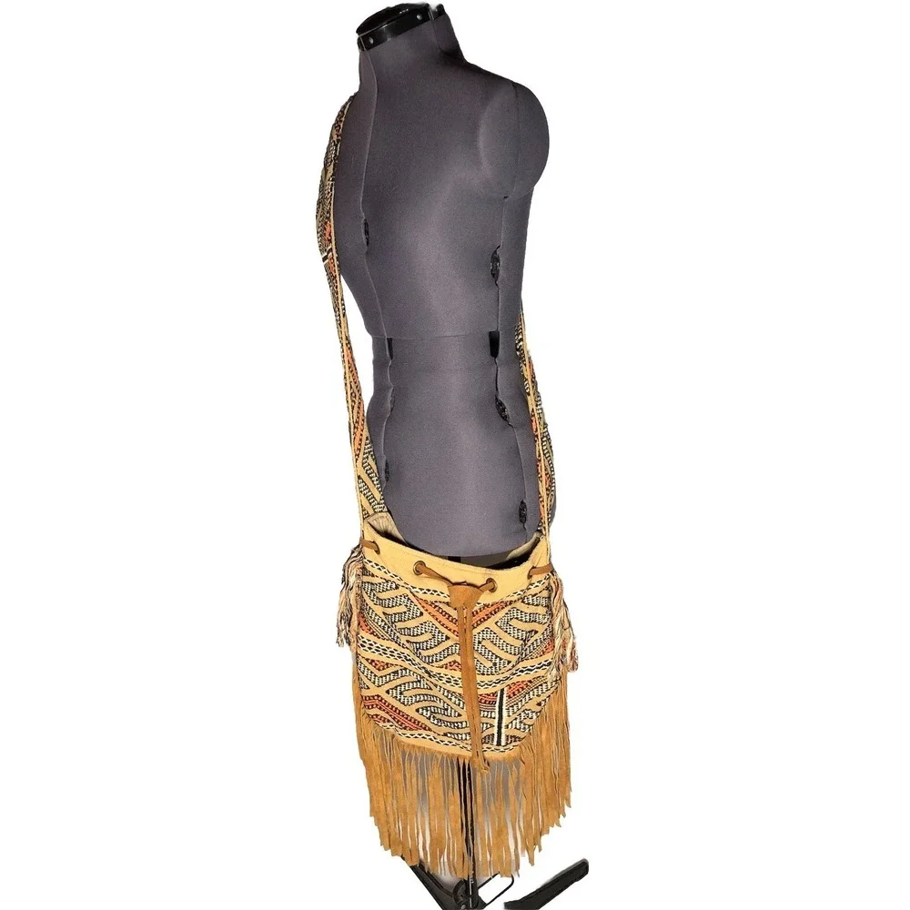 Vtg Y2K Boho Crossbody Bag Fringe Woven Festival Coachella Tribal a+p Denim - Picture 4 of 16